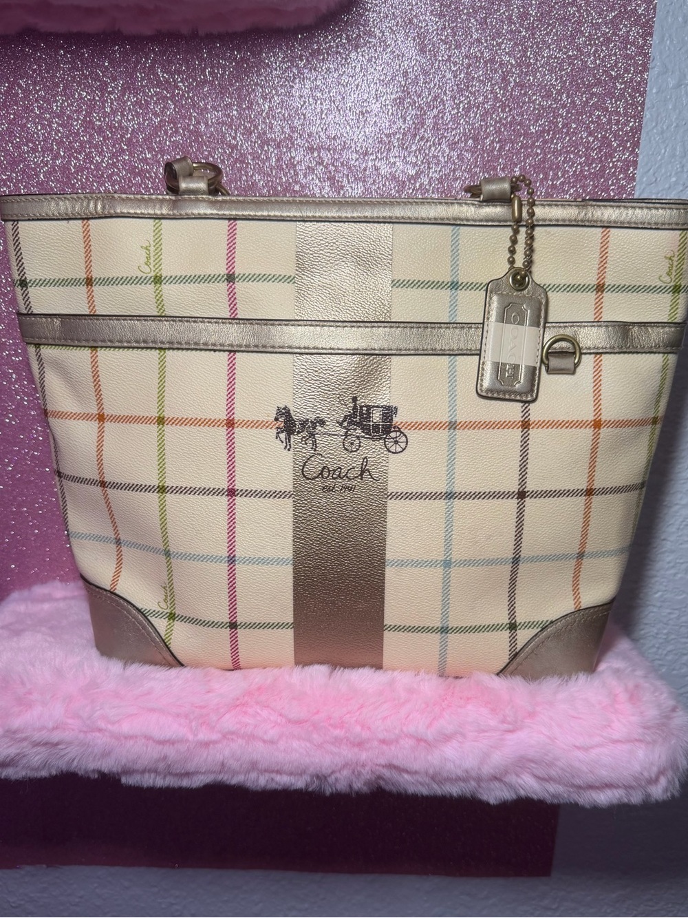 Coach Tattersall Plaid Tote / Shoulder Bag - Cream / Gold/Free REHAB GOLD Wallet